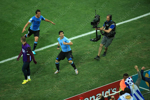Luis Suarez celebrates on the sideline